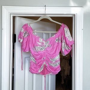 Ruched, hot pink, floral semi cropped top